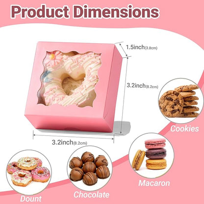 3.2x3.2x1.5 Inches 50PCS Mini Bakery Boxes with Window for Cookies, Soap, Chocolate Truffle, Donut, Macaron(Pink)