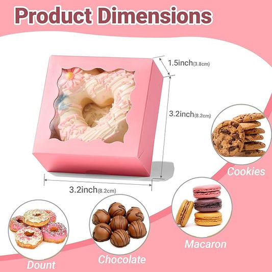 3.2x3.2x1.5 Inches 100PCS Chocolate Truffle Boxes Mini Bakery Boxes with Window for Cookies,Soap,Donut, Macaron,Brownie(Pink)