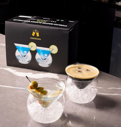 LEMONSODA Stemless Martini Glasses with Chiller - Elegant Cocktail Glass Set with Cavier Server Bowl - Beautiful Bar Martini Gift Set for Margarita, Cosmopolitan, Manhattan Cocktails (Set of 2)
