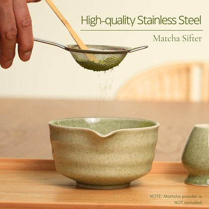 Matcha Whisk Set, Matcha Set, Handcrafted Bamboo Chasen & Ceramic Bowl Matcha Kit, 5 Pcs Matcha Set Whisk and Bowl with Stainless Steel Sifter, Bamboo Scoop & Holder for Matcha Tea Ceremony, Jade