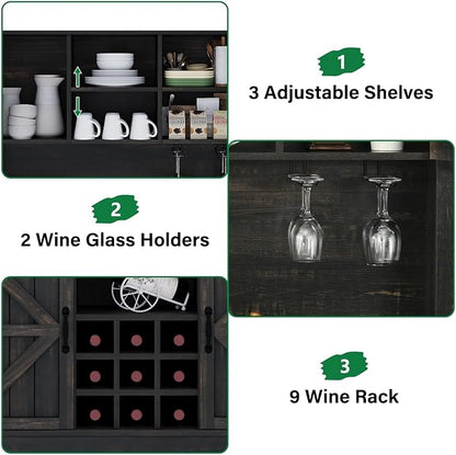 4 EVER WINNER 72" Coffee Bar Cabinet with Sliding Barn Door & Wine Racks, Hutch Cabinet with Storage and 3 Drawers, Farmhouse Coffee Bar with Wine Glass Holder for Dining Room Kitchen (Rustic Oak)