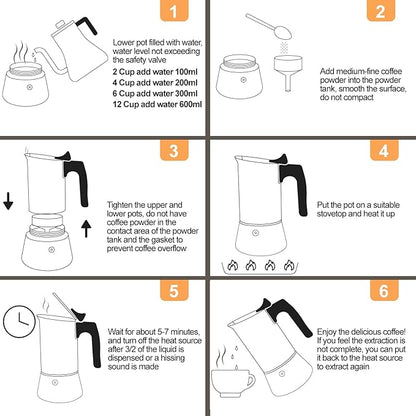 Uncoated 12 Cup Moka Pot 304 Thickened Stainless Steel Coffee Maker Stovetop Espresso Coffeemaker Italian Classic Style Brewing Greca Cafe Mocha Machine for Cafeteras Camping Travel Home 600ml 20oz