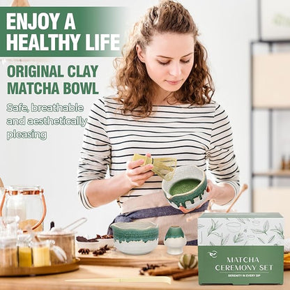 Pottery Matcha Set - Japanese Handcrafted Matcha Tea Bowl Mineral Glaze Bowl with Spout, Bamboo Whisk, Scoop & Chasen Holder | 4pc Tea Ceremony Kit for Matcha Lovers (Snowy Jade)