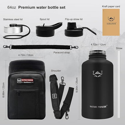 NATURE PIONEOR Insulated Water Bottles with Straw - 64oz Stainless Steel Vacuum Bottle with Holder/Carrier/Sleeve - Reusable 18/8 Food Grade Half Gallon Water Jug