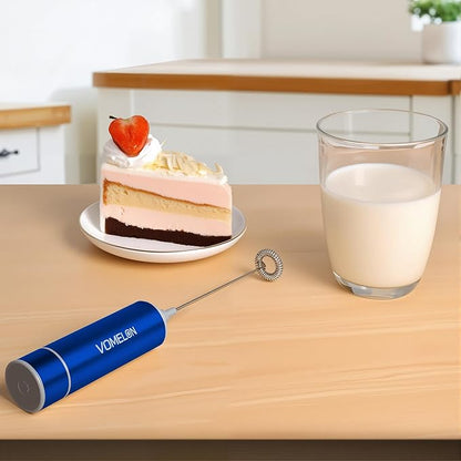 Milk Frother Handheld, Battery Operated Coffee Foamer Drink Mixer with 2 Stainless Steel Electric Whisks for Coffee, Latte, Cappuccino, Hot Chocolate, Protein，Egg Batteries Included,Blue