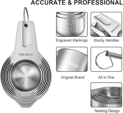 Stainless Steel Measuring Cups, Wildone Metal Measuring Cups Set with Easy to Read Markings for Measuring Dry or Liquid Ingredients, Set of 7