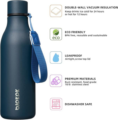 BJPKPK Insulated Water Bottles, 18 oz Stainless Steel Metal Water Bottle with Strap, BPA Free Leak Proof Thermos, Mugs, Flasks, Reusable Water Bottle for Sports & Travel, Navy Blue