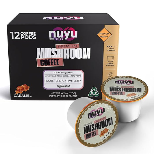 Nuyu Mushroom Coffee Pods, Caramel, K-Cups, 100% Medium Roast Arabica Coffee with Lion's Mane, Reishi, Chaga, Cordyceps, 2000mg per Pod (12, Caramel)