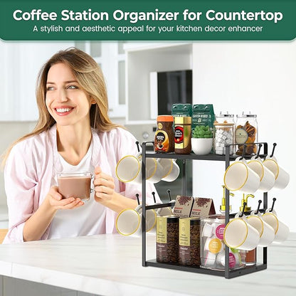 EsLuker.ly 2 Tier Coffee Mug Holder Station Bar Organizer Countertop, Mug Cup Tree Rack for Kitchen Office, Storage Shelf with 12 Hooks, Creat Stylish Coffee Corner, Black