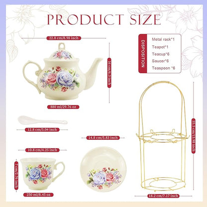 20-Pieces Porcelain Bone china Tea Sets,Gold Rim Coffee Set with Golden Metal Rack,Tea Gift Sets for Home&Party (009)