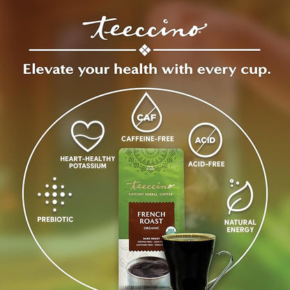 Teeccino French Roast Chicory Coffee Alternative - 11 Ounce - Ground Herbal Coffee That’s Prebiotic, Caffeine-Free & Acid Free, Dark Roast, (Pack of 3)