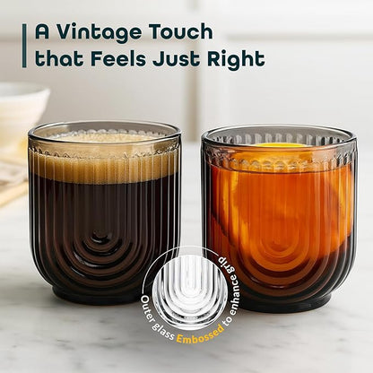 Glaver's Double Old Fashioned Rock Glasses, Set of 4 Smoke Black Whiskey Glasses, 11 oz Art Deco U-Shape Design Embossed Everyday Home Bar Glassware. Art Deco Elegant Kitchen Drinking Glasses.