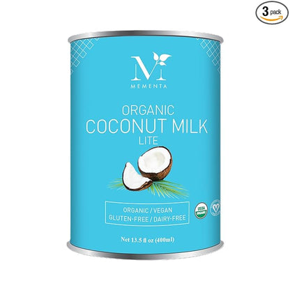 Mementa Inc Organic Lite Coconut Milk 9% Fat, Vegan, Plant-Based, Lactose-Free, 13.5 Fl Oz (Pack of 3) - Premium Organic Milk Alternative with Coconut Cream Richness