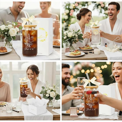 Bride To Be Glass Cup with Lid & Straw-Cute Aesthetic 16oz Iced Coffee Cup Smoothie Tumbler Gift for Engagement Bachelorette Bridal Shower Wedding