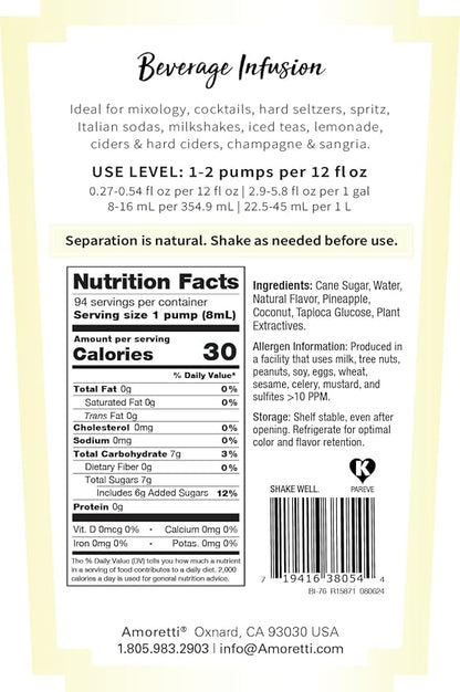 Amoretti - Pina Colada Beverage Infusion, (10 lbs) - Drink Mix & Water Enhancer with Pump for Flavoring Cocktails, Waters, Teas, Mocktails, and other Beverages, Preservative Free, Gluten Free