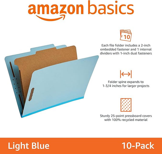 Amazon Basics Classification Folder- 100% Recycled, 1 Divider, 2" Embedded, 10 Count per Box, 12.20 x 10.61 inch (Letter), Light Blue