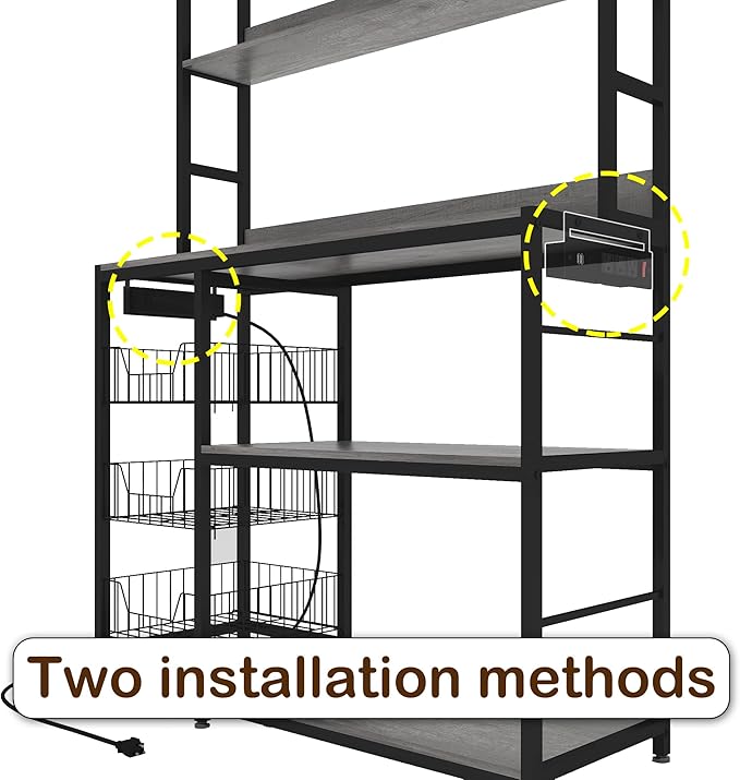 Kitchen Bakers Rack with Baskets and Power Outlet,5-Tier Kitchen Utility Storage Shelf with Hooks, Microwave Oven Stand Rack,Vintage Grey Free Standing Kitchen Shelf