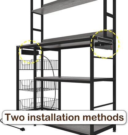 Kitchen Bakers Rack with Baskets and Power Outlet,5-Tier Kitchen Utility Storage Shelf with Hooks, Microwave Oven Stand Rack,Vintage Grey Free Standing Kitchen Shelf