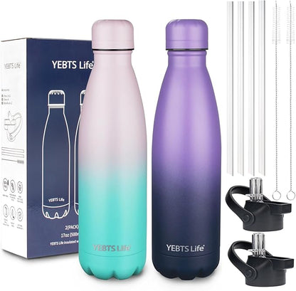Insulated Water Bottle, 2 Pack-17oz Stainless Steel Water Bottles with straw lid, Metal Sports Water Bottles for Boys,Girls, Double Wall Vacuum BPA-Free Flask for School, Sports (Purple-Oasis)