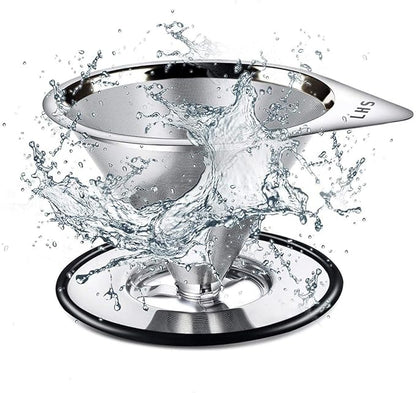 LHS Pour Over Coffee Dripper Stainless Steel Coffee Filter Metal Cone Filter Paperless Reusable Coffee Filter Single Cup Coffee Maker 1-2 Cup With Non-slip Cup Stand and Cleaning Brush