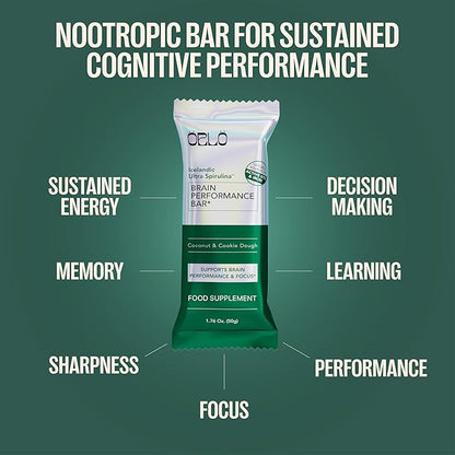 ORLO BRAIN PERFORMANCE BAR – Vegan Protein Bars for Brain & Energy Support – Focus & Memory, Pre & Post Workout Recovery – Gluten Free Snack with L-Theanine, Lions Mane, Spirulina & More (SINGLE BAR)