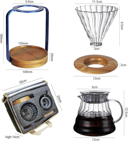 SOTECH Pour Over Coffee Dripper Stand with Metal Stand Wooden Filter Holder Glass Server with Paper Coffee Filters, Coffee Maker Stand Set for Coffee Tea and Saffron