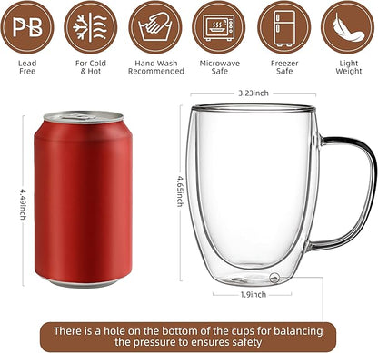CNGLASS 12oz Double Walled Glass Coffee Mugs(4-pack),Insulated Glass Mugs with Handle,Clear Espresso Cups for Latte,Cappuccino,Tea Bag
