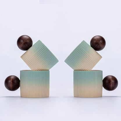 Ceramic Mini Espresso Cups Demitasse Cups with Round Wooden Handle Vertical Stripes Tea Cups (Beige&Green, 4pcs)