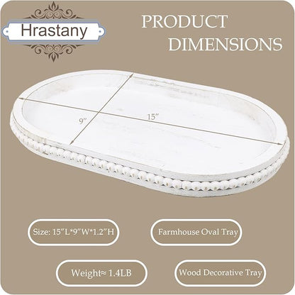 Oval Wood Serving Tray with Wooden Beads, Outdoor Farmhouse Decorative Tray for Ottoman, Coffee Table, Kitchen Counter Organizer, Home Decor(Whitewashed)