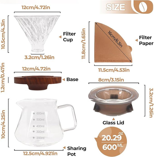Pour Over Coffee Maker 600ml Borosilicate Glass Drip Coffeemaker Server Set with 100pcs V60 Cone Paper Filters Walnut Collar Glass Lid Clear Hand Brew Dripper Carafe for Home Camping Travel 20.29oz