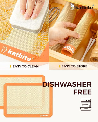 Katbite Silicone Baking Mat Colorful Collection - Set of 3: 2 Half Sheets Mats (11 5/8" x 16 1/2") + 1 Quarter Baking Sheet, Reusable & Nonstick Bakeware Mats for Cookies, Macarons, Bread (Orange)
