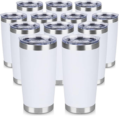 20 oz Tumbler Stainless Steel Tumblers Bulk with Lid Double Wall Insulated Coffee Tumbler Cups for Hot & Cold Drinks Powder Coated Travel Coffee Tumbler Mug Metal (White, 12 pack)