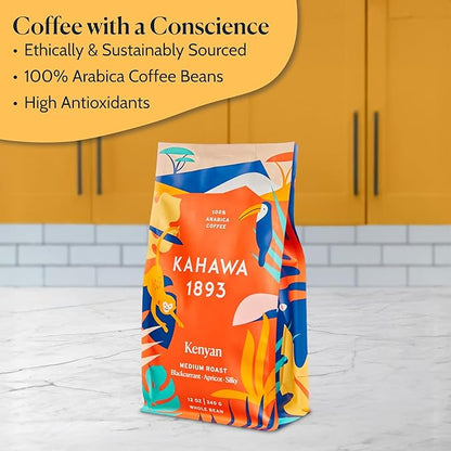 Kahawa 1893 Whole Bean Coffee Medium Roast Kenyan Blend 24 Oz - As Seen on Shark Tank, High Antioxidants, Naturally Sweet, Organically Grown, Ethically & Sustainably Sourced