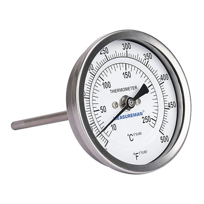 MEASUREMAN Fully Stainless Steel Bimetal Dial Thermometer, 3" Dial, 4" Stem, 50-550 deg F/10-260 deg C, -1% Accuracy, Adjustable, 1/2" NPT Back Mount
