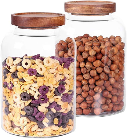 Thicken Glass Storage Jar, Food Storage Container/Canisters with Airtight Wooden Lid for Tea, Coffee, Honey, Cacao Powder,BPA Free Perfect as a Cereal Dispenser (7.6inch 2pcs)