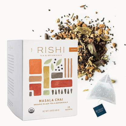 Rishi Tea Masala Chai Black Sachet Tea Bag Blend - Organic, Assam with Whole Spices, Energizing & Caffeinated - 15 Count (Pack of 1)
