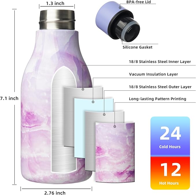 BJPKPK Insulated Water Bottles, 12oz Stainless Steel Metal Water Bottle with Strap, BPA Free Leak Proof Thermos, Mugs, Flasks, Reusable Water Bottle for Sports & Travel, Dawn