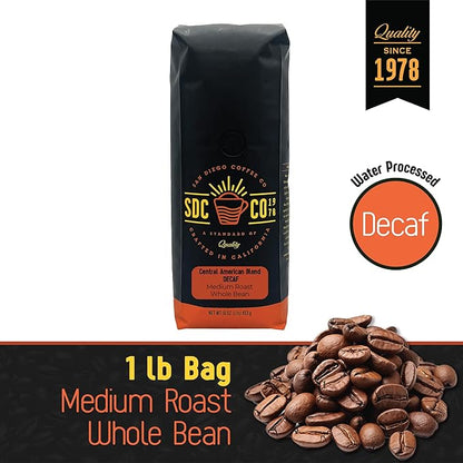 San Diego Coffee DECAF Central American Blend, Medium Roast, Whole Bean Coffee, 16-Ounce Bag Café en grano tostado descafeinado