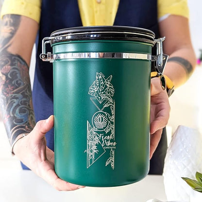 38oz / 22oz Coffee Canister – Airtight Stainless Steel Storage Container with Date Tracker & Scoop, Sealed Jar for Grounds, Beans, Tea, Flour, Cereal, and Sugar (Green Vibes, 38OZ)