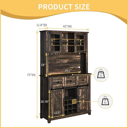72" Coffee Bar Cabinet with Sliding Barn Door & LED Lights, Sideboard Buffet Cabinet with Wine Bottle Rack, 3 Drawers, Storage Cabinet for Kitchen, Dining Room, Dark Rustic Oak, DBC20B