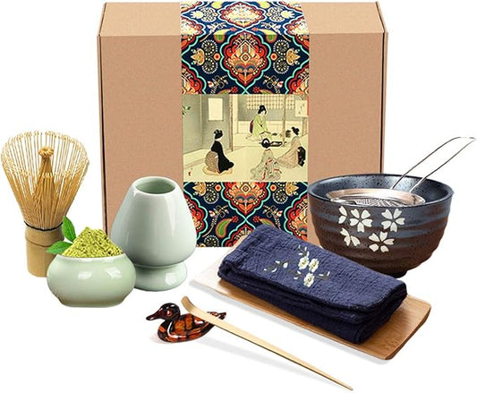 Artcome Traditional Japanese Matcha Tea Set, Matcha Whisk, Traditional Scoop, Matcha Bowl & Caddy, Ceramic Whisk Holder, Handmade Matcha Ceremony Kit (9Pcs)
