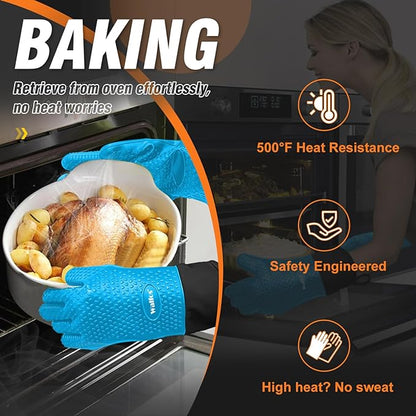 Walfos Silicone BBQ Gloves - Heat Resistant Grilling Gloves, Premium Non-Slip Kitchen Silicone Oven Mitt with Protective Cotton Layer Inside, Waterproof, Great for Grilling, Kitchen and Cooking, Blue