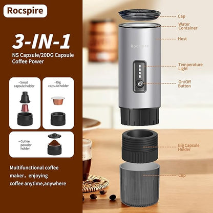 Stainless Steel Portable Espresso Maker | 7500mAh Rechargeable Battery | 20 Bar Self-Heating with USB-C | Works with Most Capsules Compatible for Camping, Travel, Outdoor (Silvery)