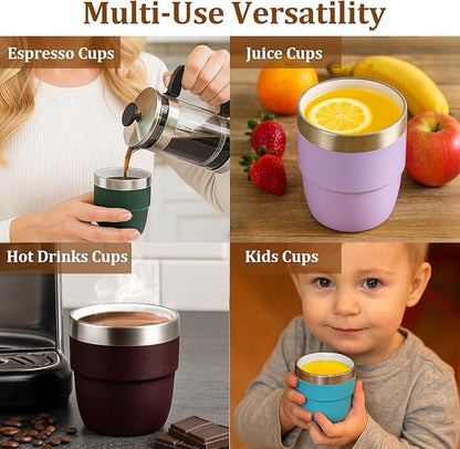 Zenbo 4 oz Espresso/Coffee Cups Set of 2, Ceramic-Lined Double Wall Vacuum Insulated 18/8 Stainless Steel, Stackable & Dishwasher Safe, Space-Saving, Compatible with Most Espresso & Coffee Makers
