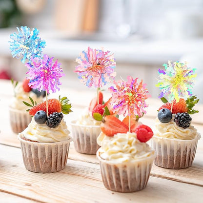 14Pcs Foil Firework Cupcake Toppers, Sparkle Tinsel Cake Toppers, Tinsel Drink Cake Decoration, Cocktail Food Fruit Toothpick for Cake Decoration Party Supplies