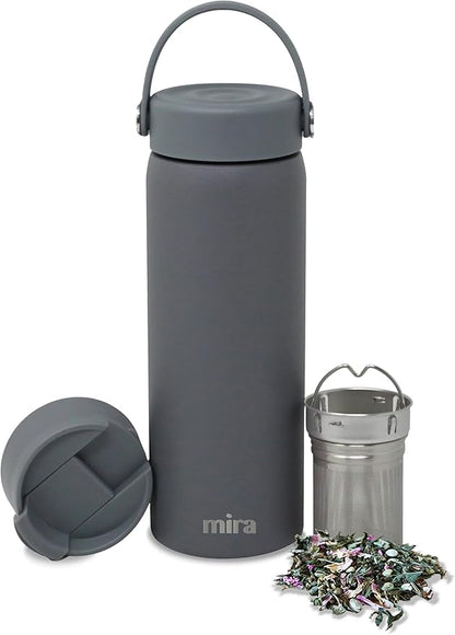 MIRA 18 oz Tea Infuser Thermos - Stainless Steel Travel Bottle with Removable Strainer for Loose Leaf Tea - Insulated Hot & Cold Brew Steeper - Smoke Gray