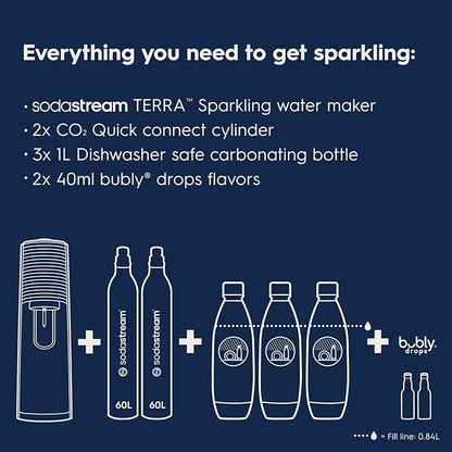 SodaStream - Terra Sparkling Water Maker | VALUE BUNDLE | CQC CO2 system | Includes 2x CO2 Cylinders, 3x 32 Fl Oz Dishwasher Safe Bottles, 2x Bubly Flavor Drops | Combine with Pepsi Flavors | Black