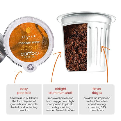 Cambio Roasters Organic Decaf Coffee Keurig KCups, Lower Acid Decaf Coffee K Cups for Any Time of Day, The Only Aluminum Medium Roast Pods Compatible with Keurig, Organic Coffee K Cups, 10 count