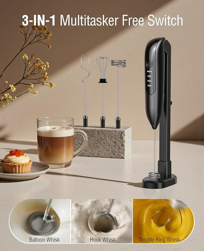 Electric Milk Frother Handheld: Rechargeable 3 Heads 3 Speeds Portable Stainless Steel Drink Foam Mixer with LED Digital Display for Milk Coffee, Lattes, Cappuccino, Matcha