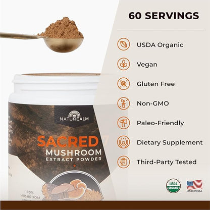 Naturealm Sacred 7 Organic Mushroom Supplement – 100% Fruiting Body Extract Powder with Lions Mane, Reishi, Chaga & More | Nootropic & Immune Support for Coffee, Tea, Smoothies – 60 Servings